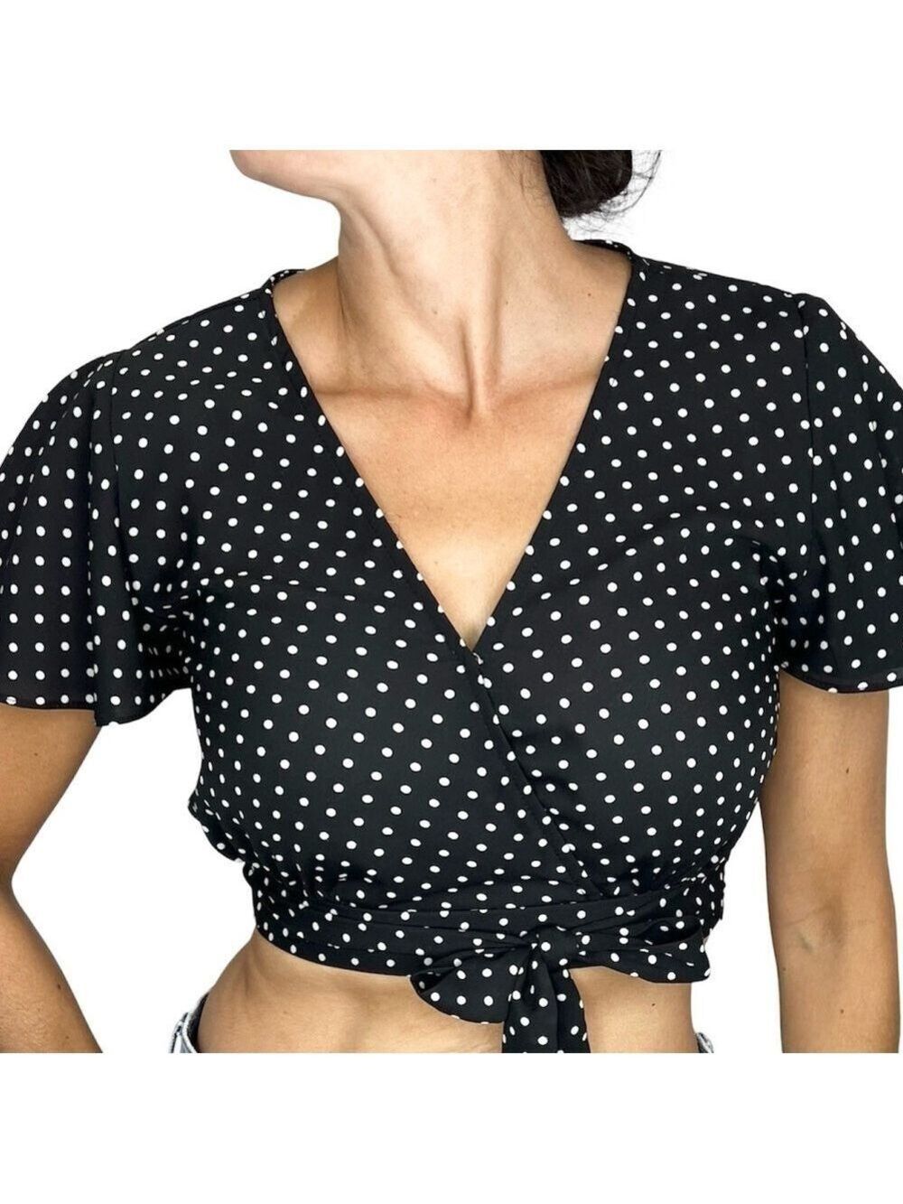 Active USA black white polka dot cropped tie flutter sleeve top S